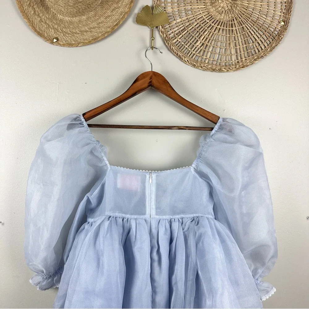 SELKIE The Puff Dress Sheer Blue Babydoll Pinstripe Dress Size Small - Picture 6 of 17